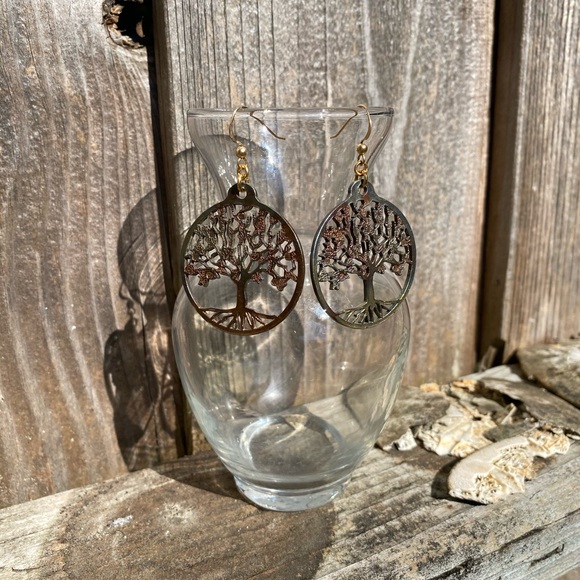 Tree of Life Iridescent Peace Bronze Earrings - Picture 3 of 9